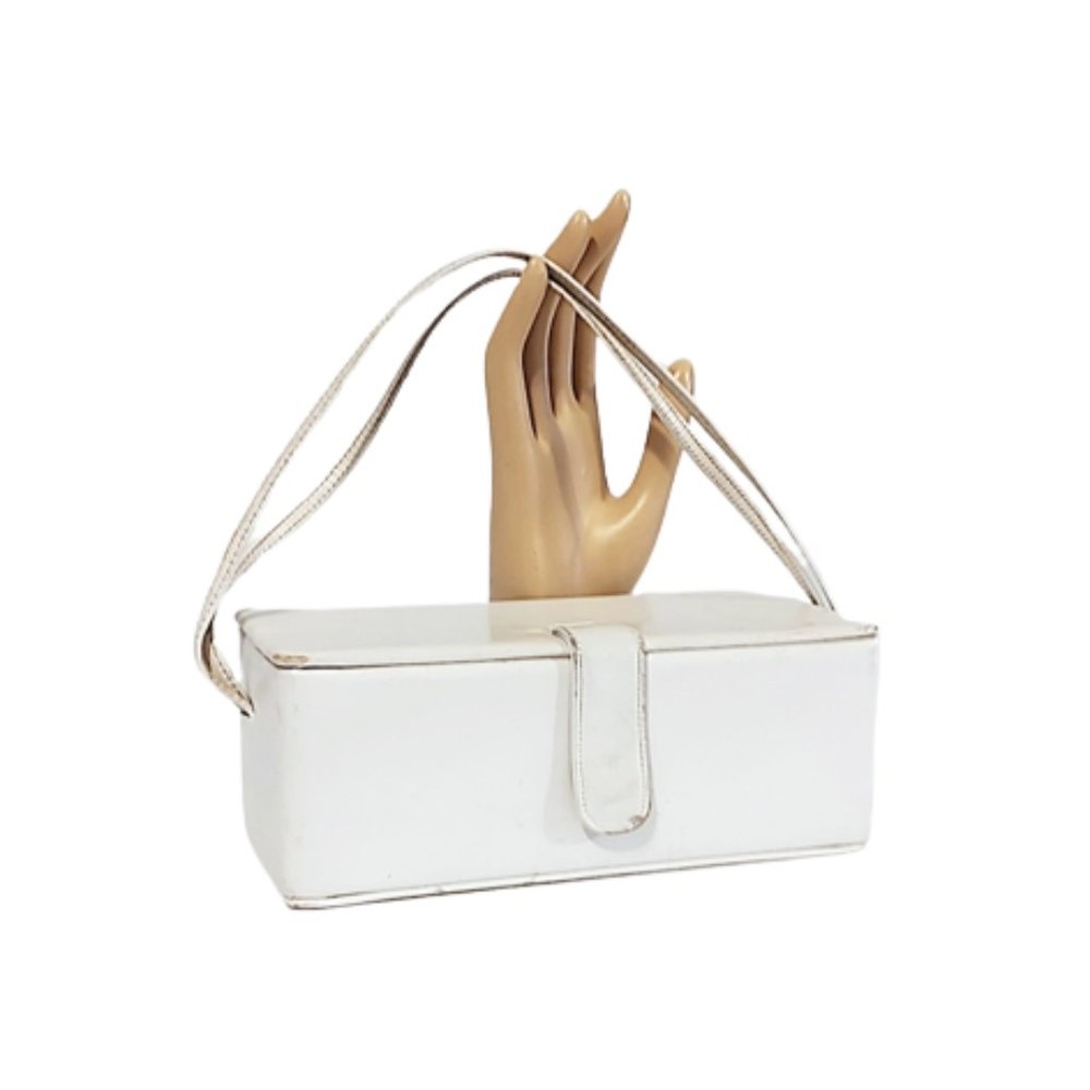 1950s Vintage White Leather Rectangular Box Handb… - image 1